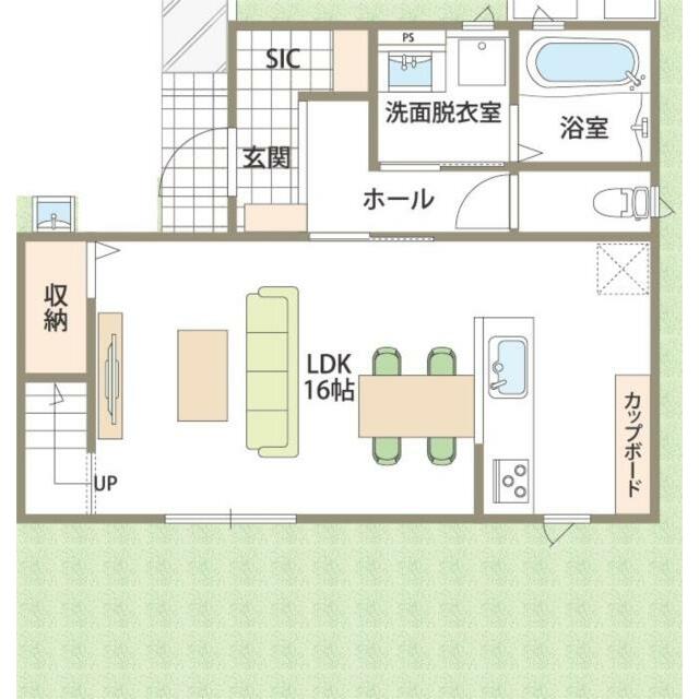 １階間取り図です。階段下収納やシューズクロークなど、収納も豊富です。