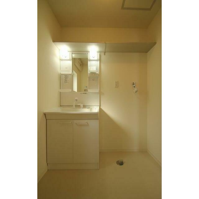 洗面所　洗髪洗面化粧台設置、上部には棚が２段ございます。