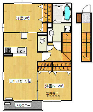 ５．２帖と６帖の洋室と１２．５帖のリビングルームといった２ＬＤＫの間取りです。