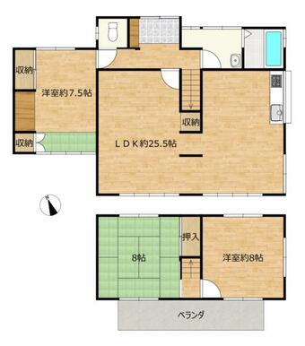 【リフォーム済】間取り図　３ＬＤＫの２階建です。２０帖以上あるＬＤＫは家族が集まりやすい空間となって