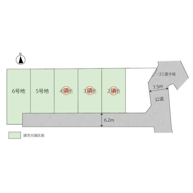 ５号地は南側道路に面する整形地です。前面道路の幅は６ｍ以上あり、たっぷりと光を取り込めます。