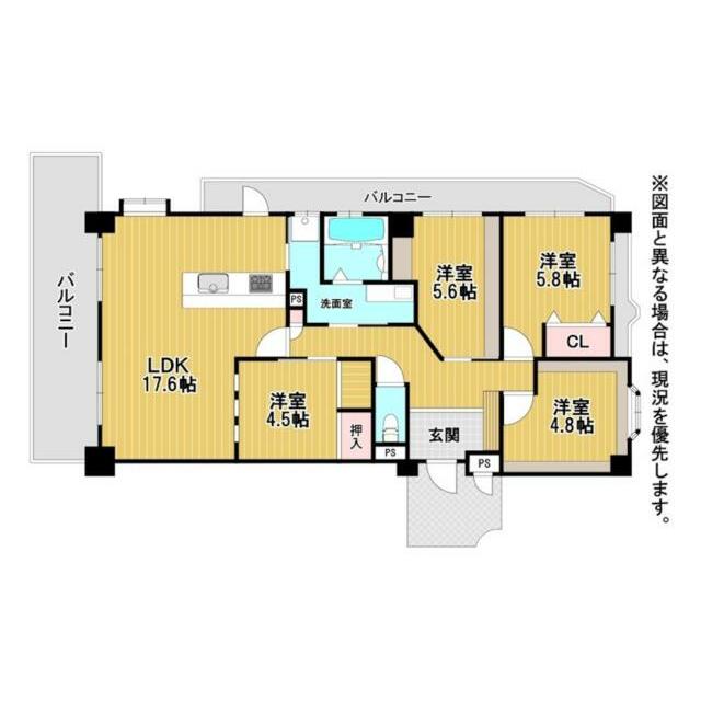 広々とした１７．６帖のＬＤＫが魅力。３つの洋室はそれぞれ異なる広さで、用途に合わせて使い分けできます