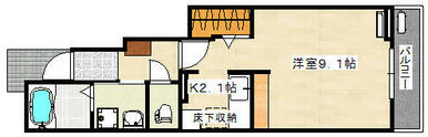 ９．１帖の洋室と２．１帖のキッチンといった１Ｋの間取りです。