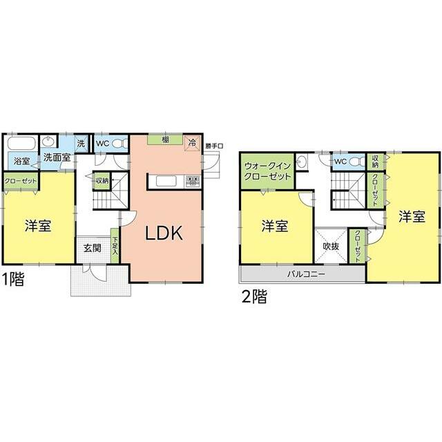 間取り図です。2階洋室を区切ることで、子供部屋を増やすことができます。