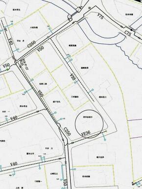 上水道台帳図の写し。物件の西側市道に公配管がございます。物件への引込配管が必要になります。