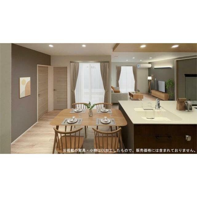 １９．５帖のＬＤＫ。料理しながら家族と会話できる対面キッチンです。折下天井もお洒落なアクセントに♪
