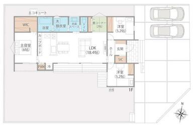 １８．４帖のリビングに２帖の畳コーナーを隣接。くつろぎと快適さを両立する、動線スムーズな平屋３ＬＤＫ