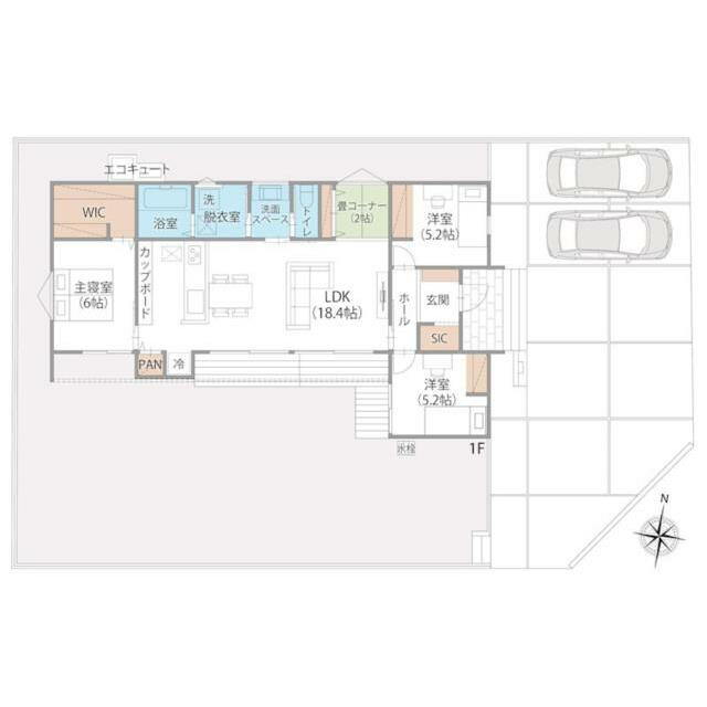 １８．４帖のリビングに２帖の畳コーナーを隣接。くつろぎと快適さを両立する、動線スムーズな平屋３ＬＤＫ