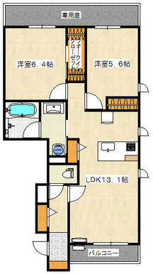 ５．６帖と６．４帖の洋室と１３．１帖のリビングルームといった２ＬＤＫの間取りです。