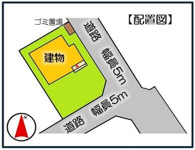 【配置図】南東側・北東側の道路に面した角地です。日当り・通風ともに良好です！