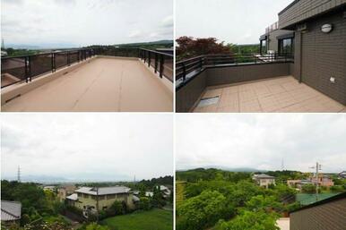 広い屋上からは富士山や駿河湾が遠望できます。眺望とバルコニーの様子