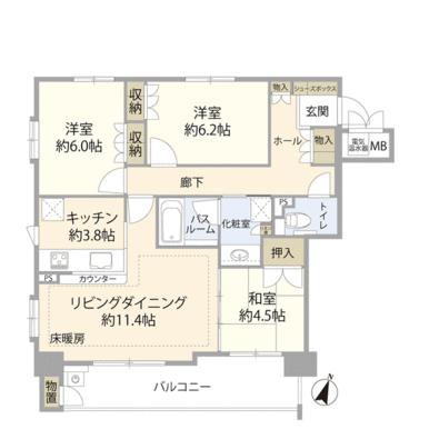 ９．２ｍ以上の間口のある間取りです。全てのお部屋が外気に接する窓が付いています。