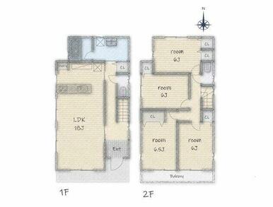 【参考プラン】1階の18帖と広々したLDK！2階は4部屋全室6帖ある4LDKです！