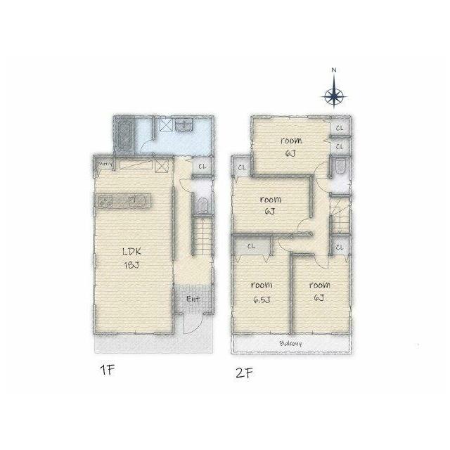 【参考プラン】1階の18帖と広々したLDK！2階は4部屋全室6帖ある4LDKです！
