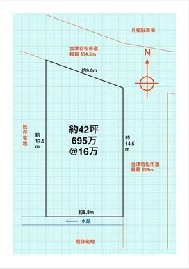 地形図、建物配置提案（建築条件無し）、３３坪（４ＬＤＫ）の家を建て３台駐車可能（車種によります）。