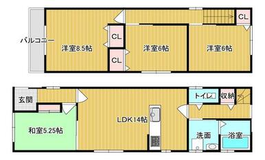 建物プラン例　建物価格：１，８１０万円、建物面積：約９０．７２㎡