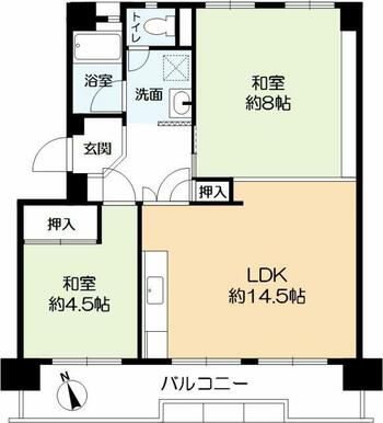 61.49㎡の2LDKタイプです。1階住戸につき、お部屋への出入りしやすいです。