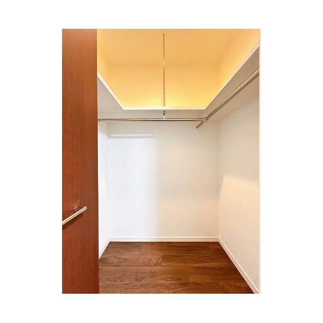 「収納」南側約6帖の洋室にあるウォークインクローゼットの写真です。枕棚とパイプハンガーが設置してあります。