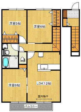 ６帖の洋室が３部屋と１２帖のリビングルームといった３ＬＤＫの間取りです。