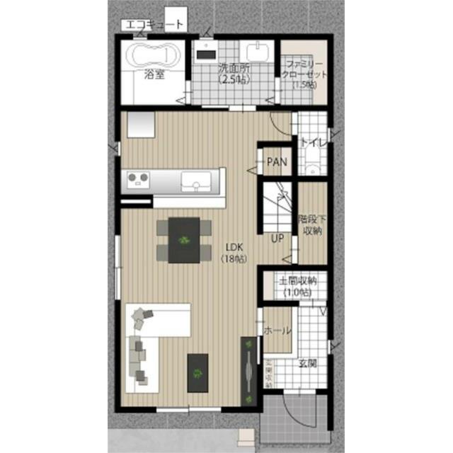 １階間取り図です。ＬＤＫは１８帖、洗面・脱衣室を２．５帖確保。室内物干（ホスクリーン）付です。