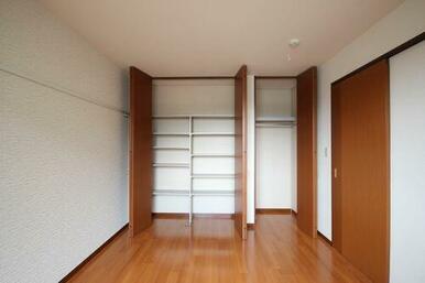 右の収納はハンガーパイプ付。左手は棚タイプ。