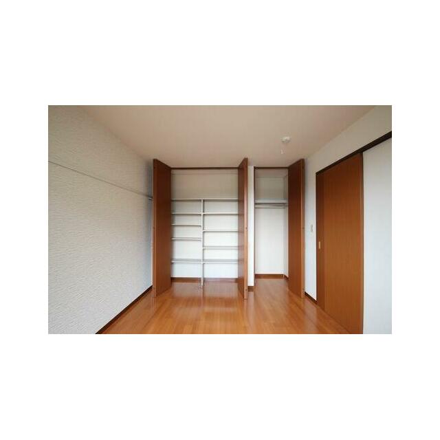 右の収納はハンガーパイプ付。左手は棚タイプ。