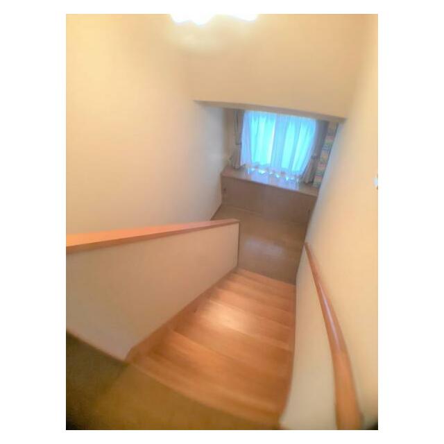 階段踊り場に収納・窓あり。