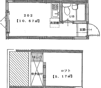 ６．９帖のフローリングと３．３帖のロフト付のお部屋です。