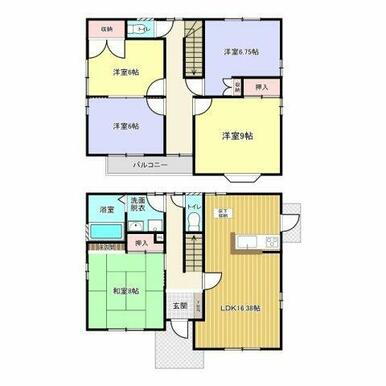 16.3帖のLDKを中心に、和室8帖・洋室4部屋を備えたゆとりの5LDK。各居室に収納があり、家族それぞれのプラ