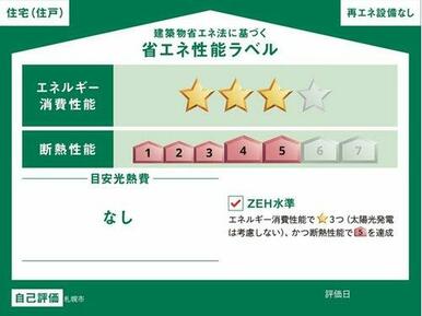 【建築物省エネ法に基づく省エネ性能ラベル】　■全棟、エネルギー消費性能（削減率２０％達成）かつ断熱性能５によりＺＥＨ（ゼッチ）水準の達成度となっています。