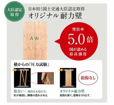 【耐力壁】日本で初めて国都交通大臣認定を取得。国が定める最強強度壁倍率５．０倍の強度で地震や台風から