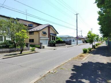前面道路は幅員約12ｍの公道です。道路向かいには遊歩道があります。