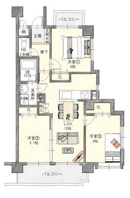 ３ＬＤＫ、専有梅６３．４７㎡、バルコニー面積９．７３㎡