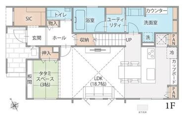 【１階間取り図】一部吹き抜けを採用した開放感あるＬＤＫ＋タタミコーナーでゆとりの２１．７帖！