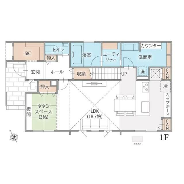【１階間取り図】一部吹き抜けを採用した開放感あるＬＤＫ＋タタミコーナーでゆとりの２１．７帖！