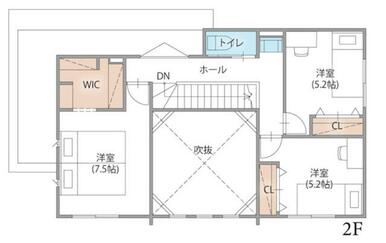 【２階間取り図】２階にも洗面台を完備。１階に降りる手間を省き、生活動線を快適に。