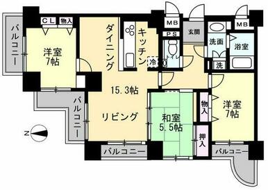 ３LDK、専有面積：89.37㎡の間取りです。 バルコニーは海を望める方向です。