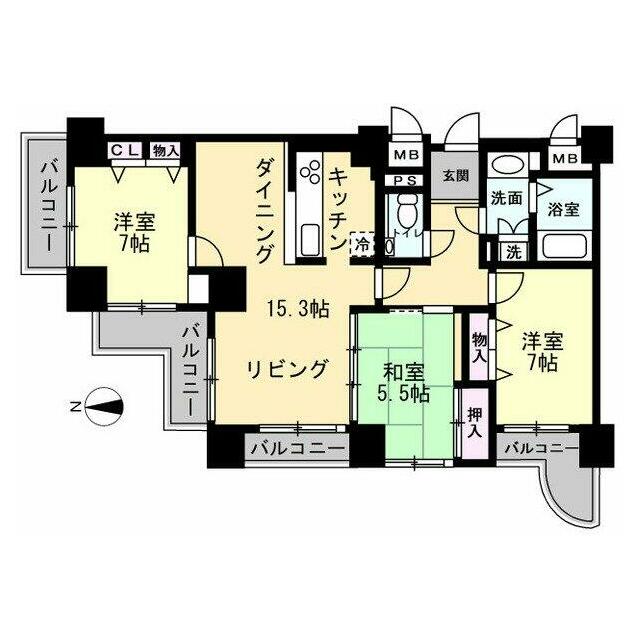 ３LDK、専有面積：89.37㎡の間取りです。 バルコニーは海を望める方向です。