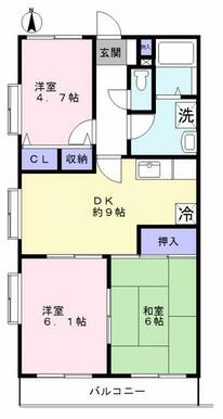 間取図（洋室４．７帖外に室外機置場あり