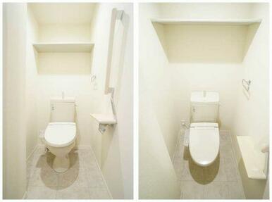 【トイレ】暖房洗浄便座・タオル掛け・棚収納のついたトイレです！！便座に暖房機能がございますので、冬…