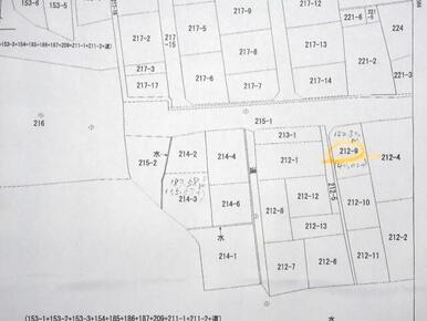 現地２１２番９の公図。周囲は家屋が建ち並んでいます。