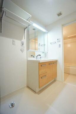 【洗面室】シャンプードレッサ－　収納棚やラックが付いています。