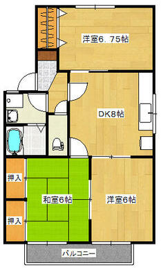 ６帖の和室と６帖と６．７５帖の洋室と８帖のダイニングキッチンといった３ＤＫの間取りです。