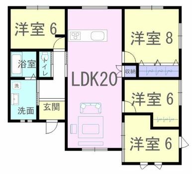 20帖の広々リビングに洋室が4部屋ある間取りです！平屋建てなので老後も生活がしやすいお家です♪