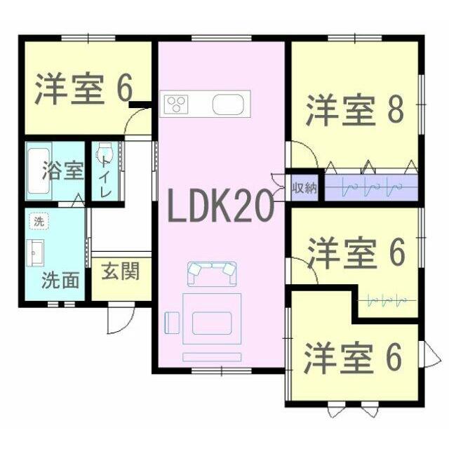 20帖の広々リビングに洋室が4部屋ある間取りです！平屋建てなので老後も生活がしやすいお家です♪