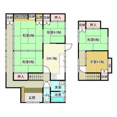 建物面積約35.6坪、5DKの間取です。1階の和室3部屋は続き間になっており、家族の集まりや客間として使い