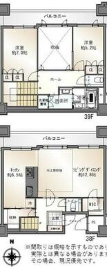 専有面積９４．４１ｍ２、バルコニー面積２０．１２ｍ２。戸建のように居住空間を分けられるメゾネット。