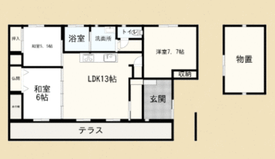 離れに物置も備えた３ＬＤＫ。ご内覧いただくと室内の広さをより感じます。