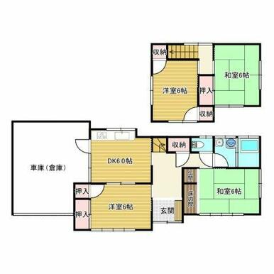 開放感のある3方道路に面した4DKの間取り。全室6帖以上を確保し、収納スペースも充実。 1階に車庫（倉庫）