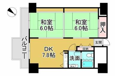 間取り、図面上は2DKですが、大きなワンルームとして利用できます
